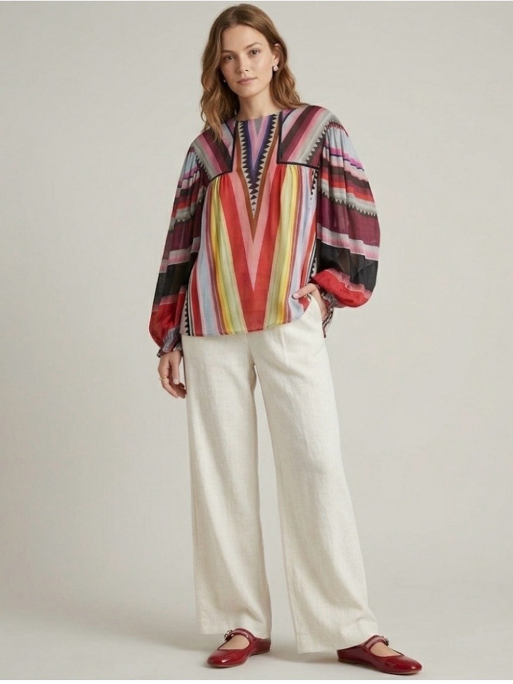 NWT Anthropologie Bl^nk London Miranda Semi Sheer Geometric Peasant Blouse S